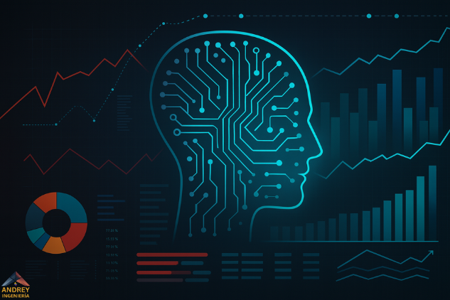 Una representación abstracta de IA analizando gráficos y datos financieros.